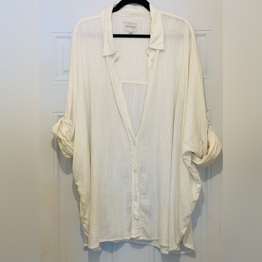American Eagle White Oversized Long Sleeve Button Up